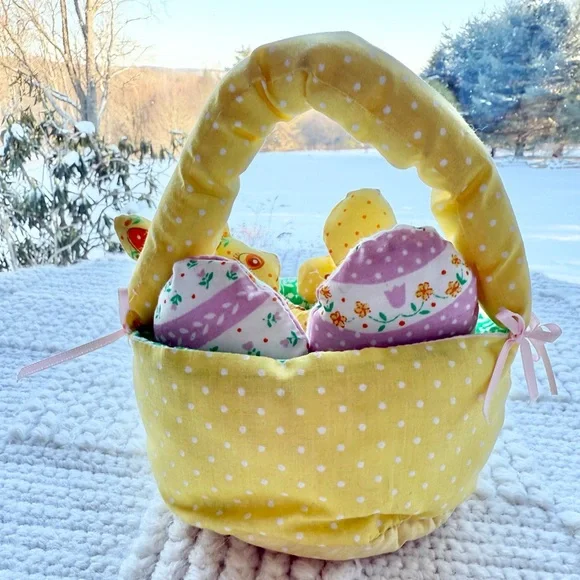 Vintage Handmade Fabric Plush Easter Basket with Bunny, chick and eggs - Picture 3 of 15